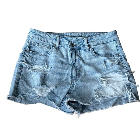 American Eagle Womens Mom Cut Off Jeans Shorts SZ 6 Distressed Denim Stretch - Picture 1 of 8